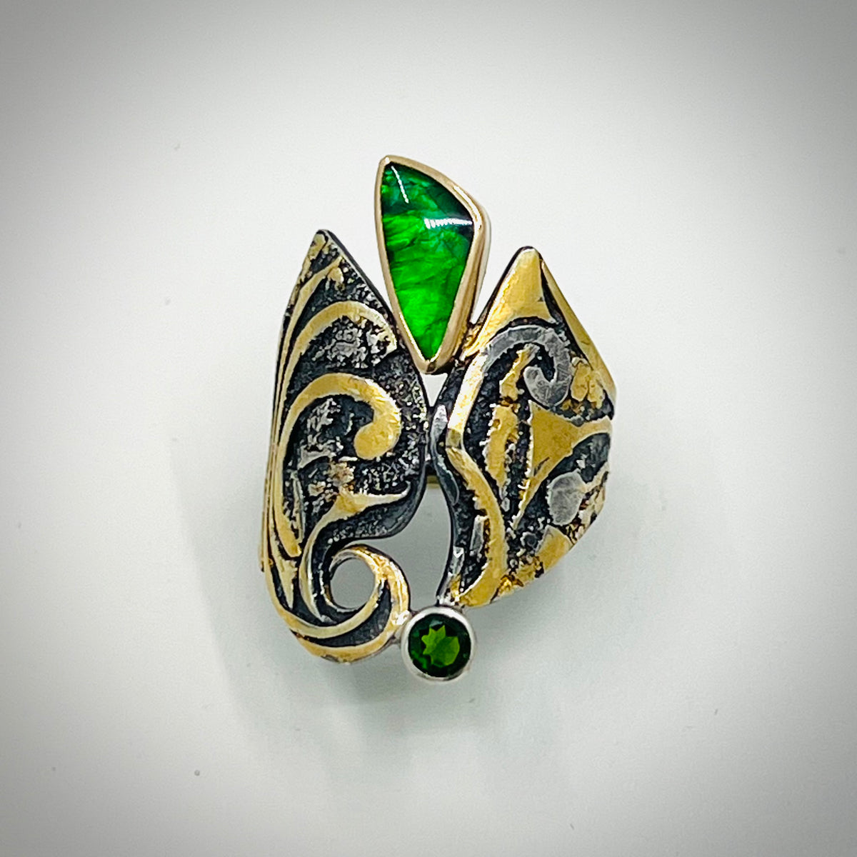 Pele Ammolite and Chrome Diopside Ring