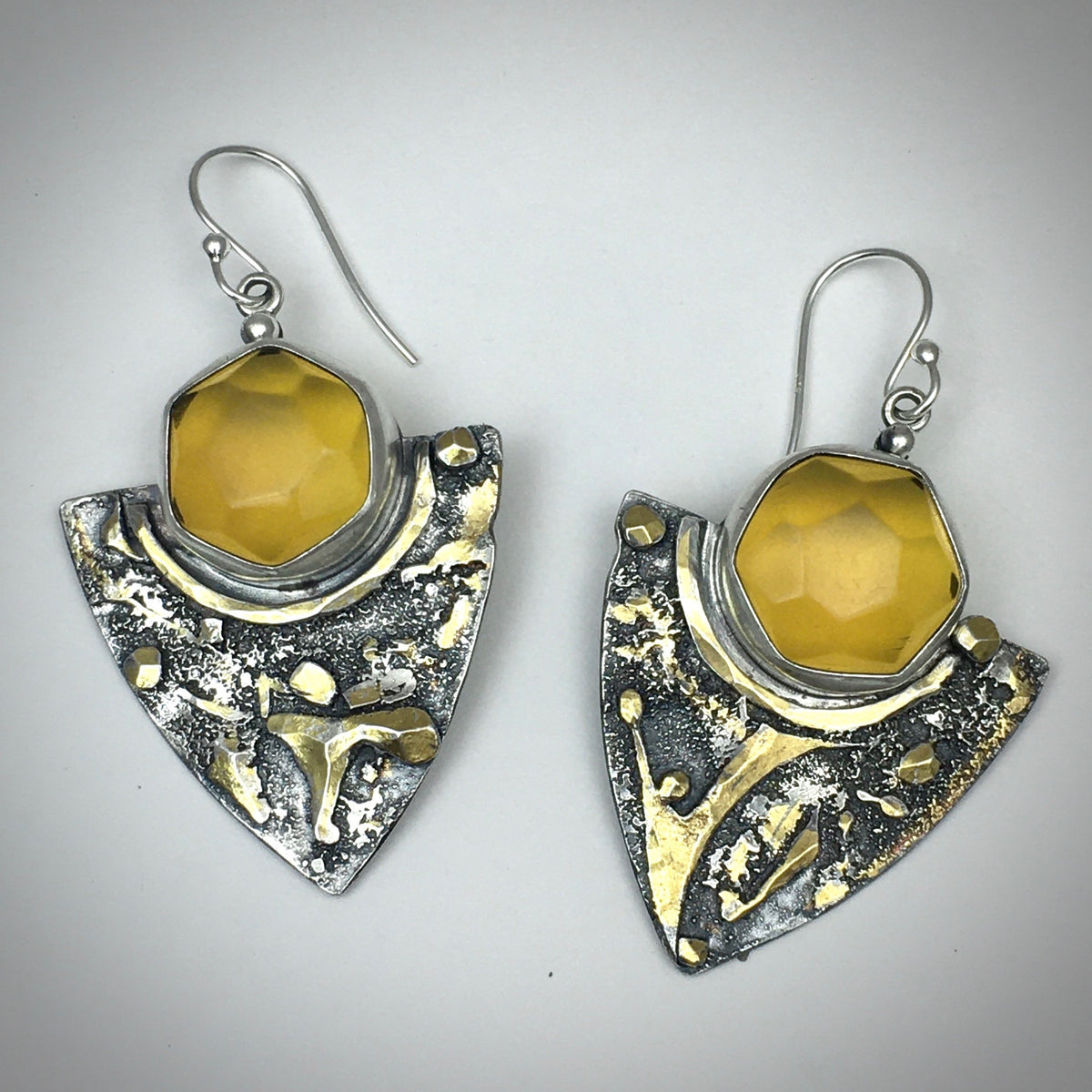 Amber Gold and Silver Shield Earrings