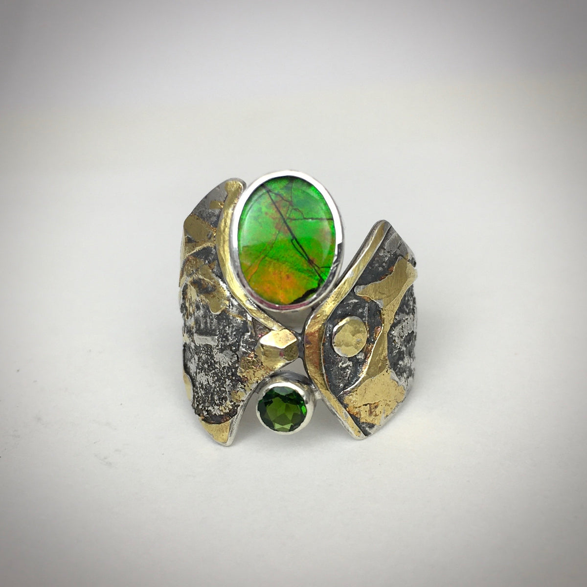 Handcrafted Canadian Ammolite and Chrome Ring