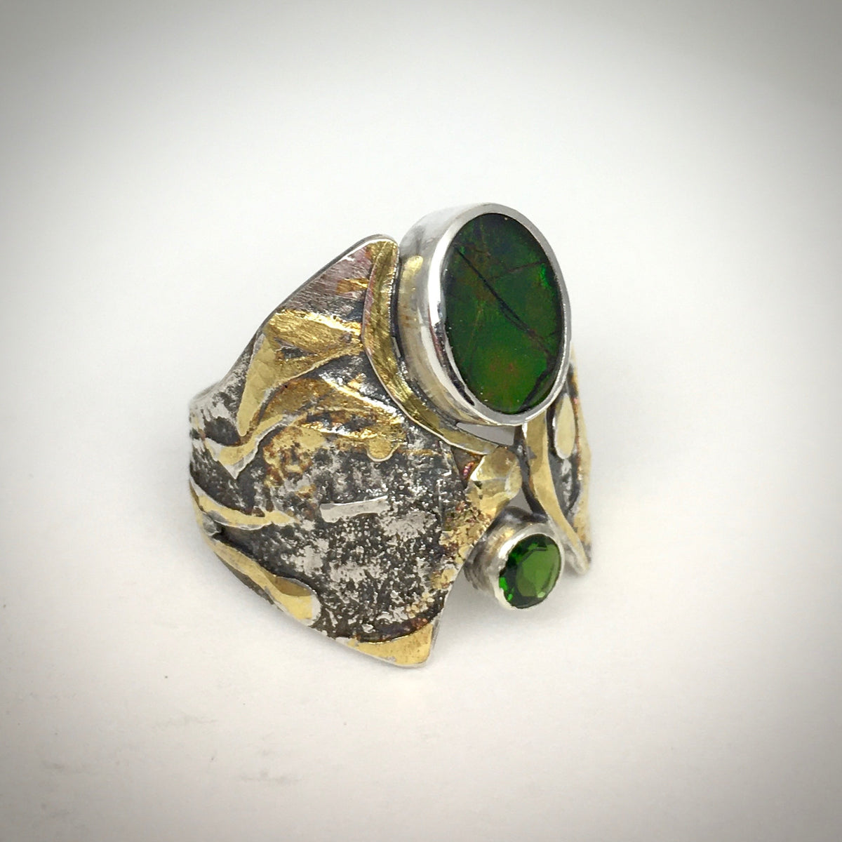 Handcrafted Canadian Ammolite and Chrome Ring