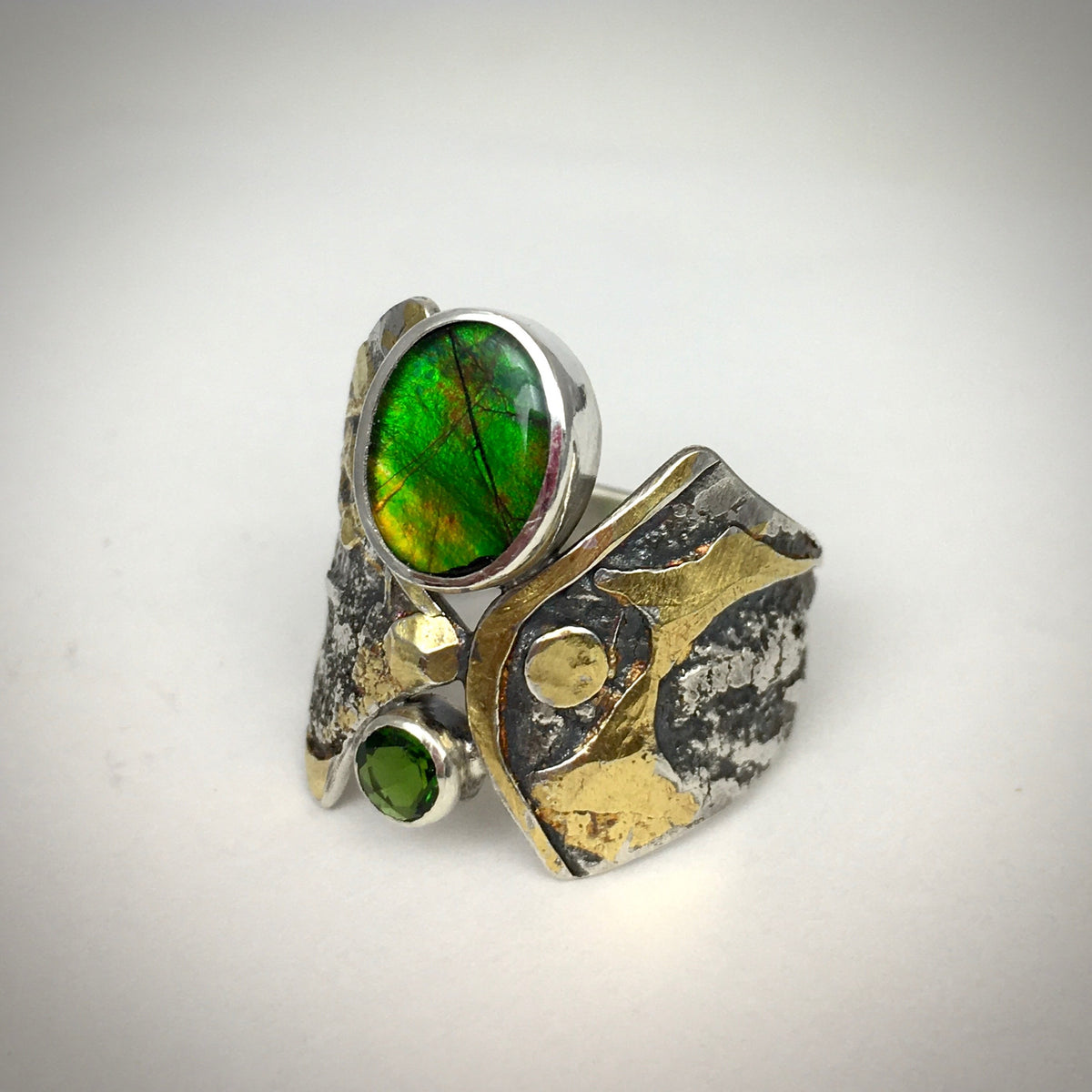 Handcrafted Canadian Ammolite and Chrome Ring