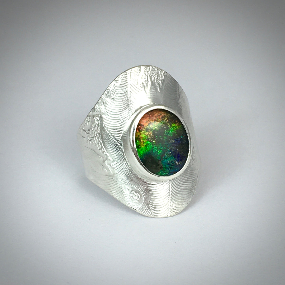 Handmade Ammolite Shield Ring