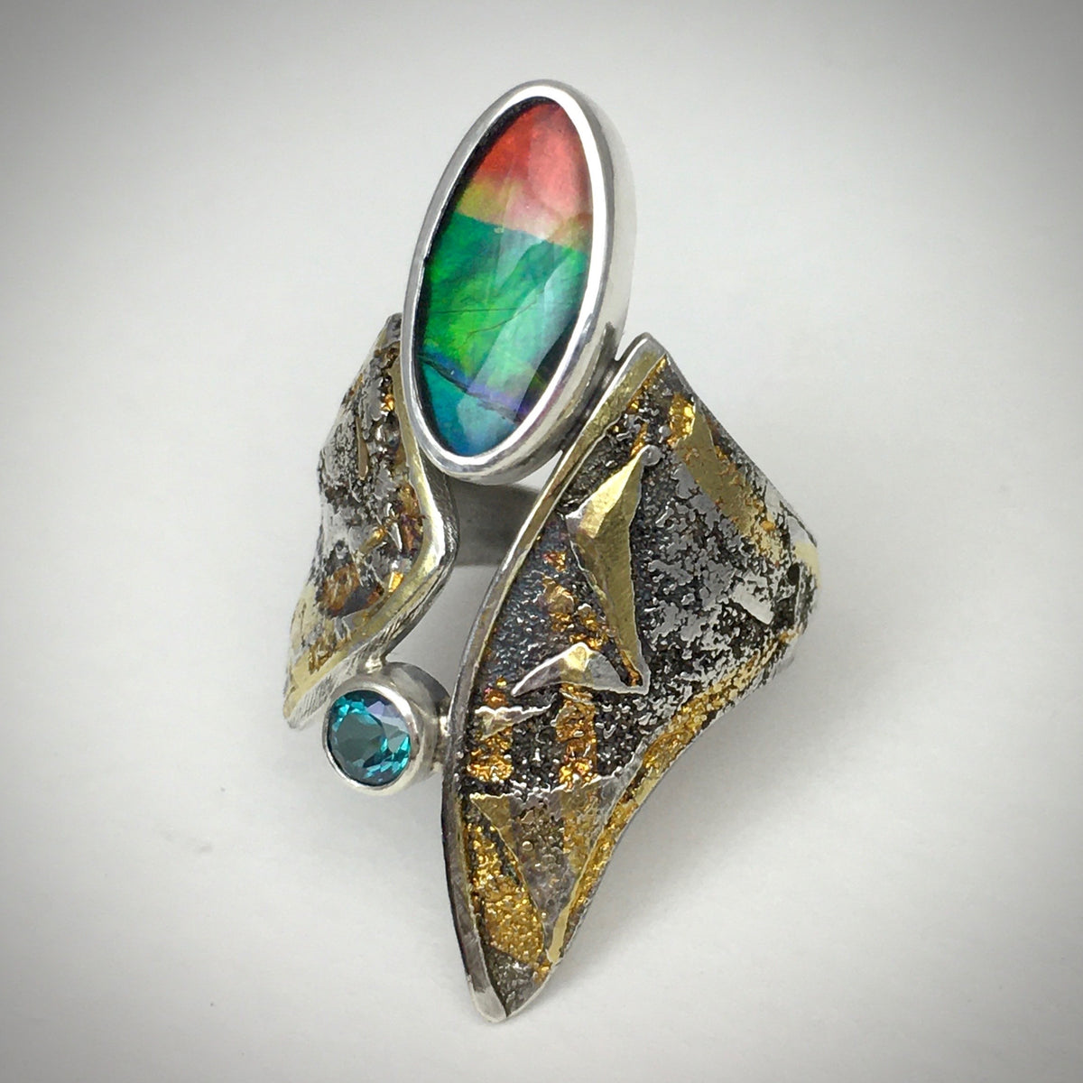Unique Canadian Ammolite and Green Topaz Ring