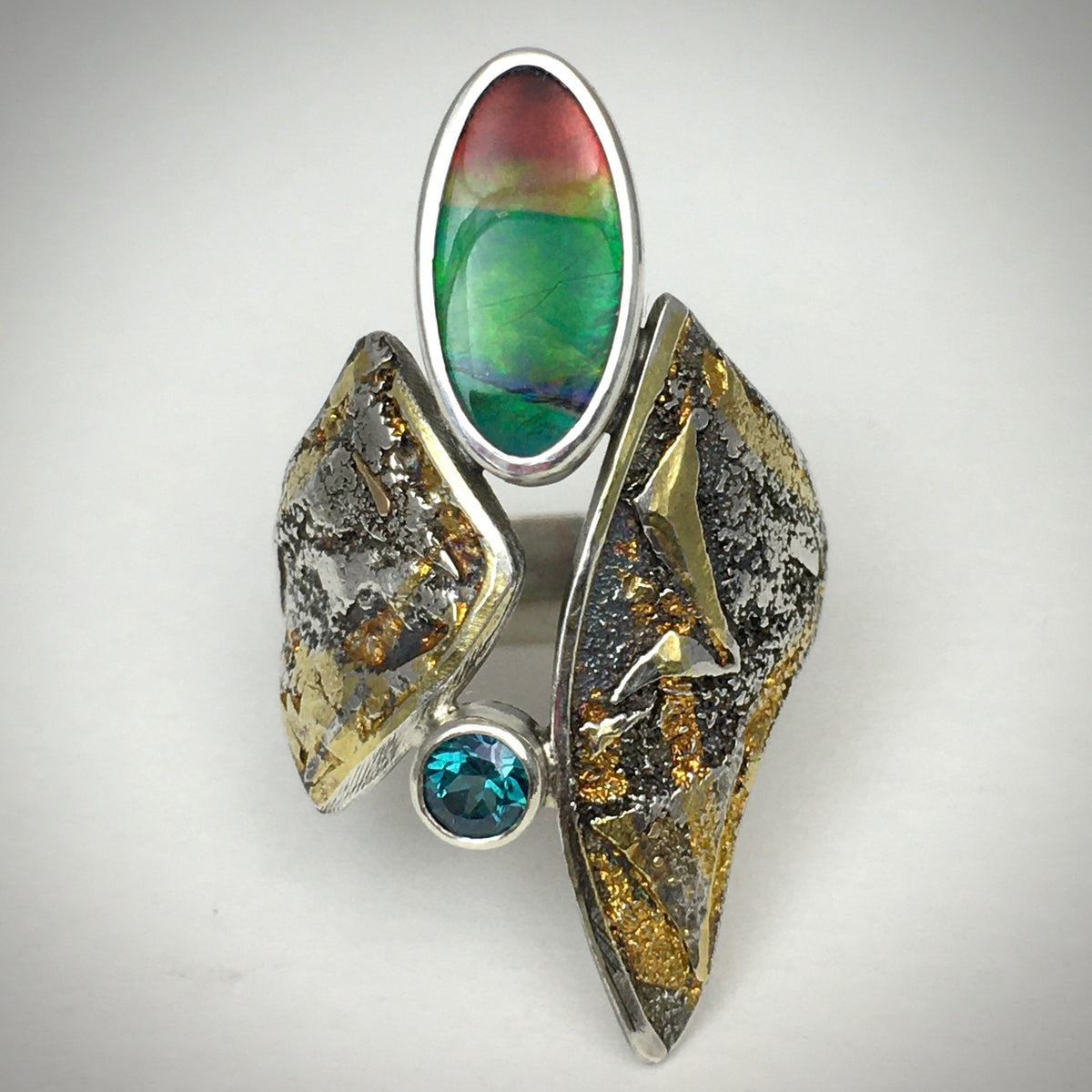 Unique Canadian Ammolite and Green Topaz Ring