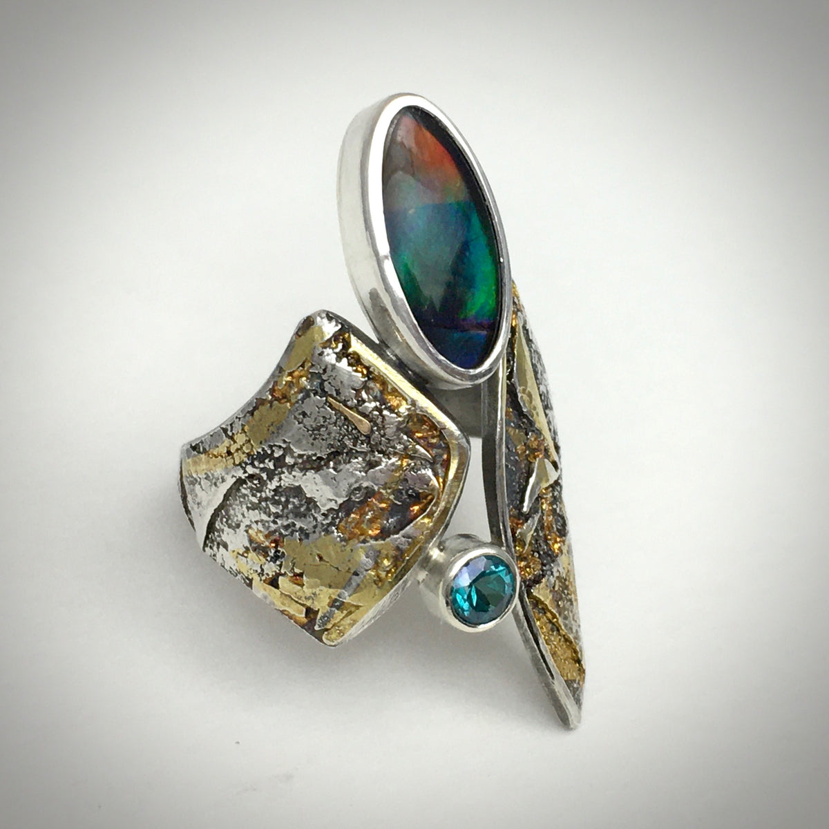 Unique Canadian Ammolite and Green Topaz Ring